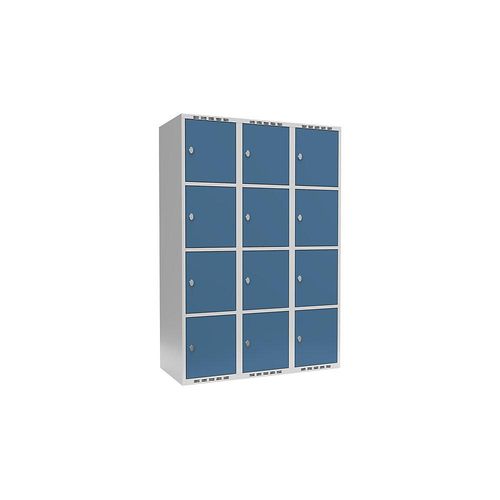 4er-Schließfachschrank Fydor, 3 Abteile, lichtgrau / brillantblau, B 1200 mm, 3 Abteile, flache Dachform, Vorhängeschloss kaiserkraft