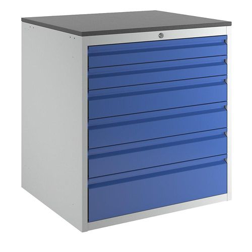 RAU Schubladenschrank mit Teleskopführungen, Höhe 820 mm, Schubladen 2 x 90, 3 x 120, 1 x 180 mm, lichtgrau / enzianblau, Breite 770 mm Image