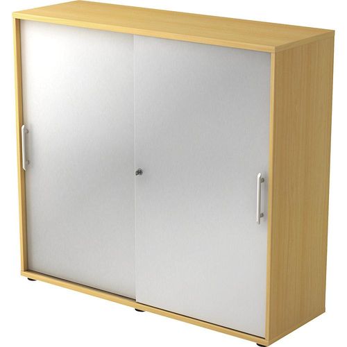 Schiebetürenschrank, je 2 Fachböden, 1 Trennwand, HxBxT 1100 x 1200 x 400 mm, Buche-Dekor / alusilber kaiserkraft