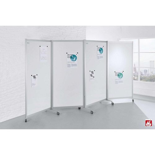 Mobile Faltstellwand, schwer entflammbar, Alurahmen, Tafelfläche magnetisch, HxBxT 1900 x 3700 x 450 mm, weiß kaiserkraft