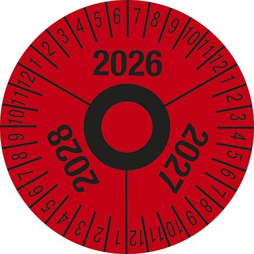 Prüfplakette, Mehrjahreszahlen, rot, Folie, Ø 40 mm, VE 10 Stk, 2026 - 2028 kaiserkraft