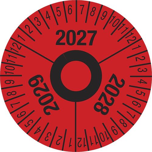 Prüfplakette, Mehrjahreszahlen, rot, Folie, Ø 40 mm, VE 10 Stk, 2027 - 2029 kaiserkraft