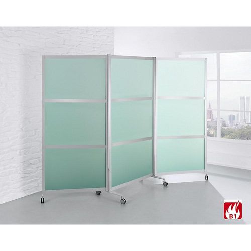Mobile Faltstellwand, schwer entflammbar, Alurahmen mit ESG-Sicherheitsglas, HxBxT 1900 x 2800 x 450 mm, satiniert kaiserkraft