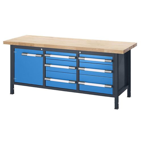 eurokraft pro Höhenverstellbare Werkbank, Gestellbauweise, 6 Schubladen, 1 Flügeltür, Breite 2000 mm, anthrazit / blau