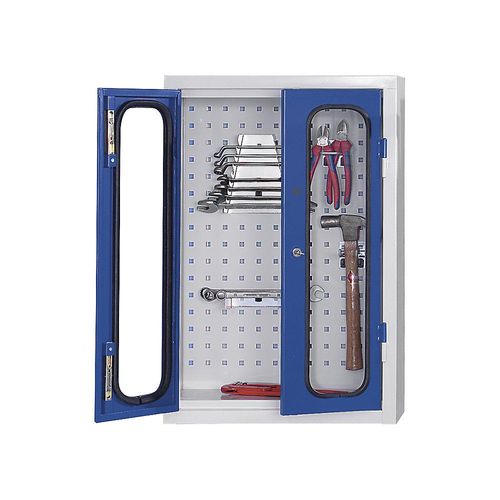 Werkzeug-Hängeschrank mit Sichtfenster, mit Loch-Rückwand, HxBxT 750 x 500 x 200 mm, lichtgrau / enzianblau kaiserkraft