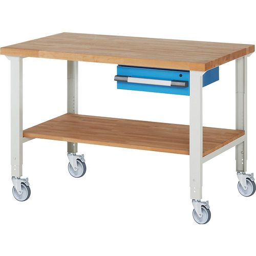 eurokraft pro Fahrbare Werkbank Serie 7000, 4 Lenkrollen, 1 Schublade, Ablageboden, Platten-BxT 1500 x 900 mm