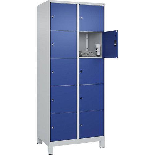 C+P 5er-Schließfachschrank Classic PLUS, 2 Abteile, lichtgrau / enzianblau, B 800 mm, 10 Fächer, mit Füßen