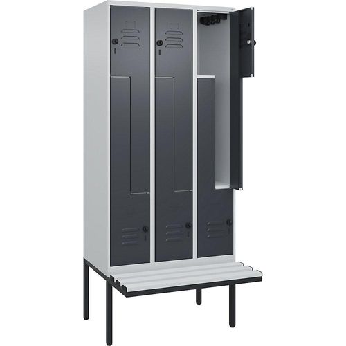 C+P Z-Spind Classic PLUS Sitzbank, 3 Abteile, lichtgrau / grau, B 900 mm, Sicherheits-Drehriegel, auskragend, Kunststoff