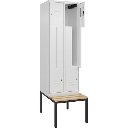 C+P Z-Spind Classic PLUS Sitzbank, 2 Abteile, verkehrsweiß, B 600 mm, Zylinderschloss, untergebaut, Buche-Hartholz Image