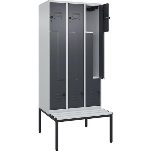 C+P Z-Spind Classic PLUS Sitzbank, 3 Abteile, lichtgrau / grau, B 900 mm, Sicherheits-Drehriegel, untergebaut, Kunststoff Image