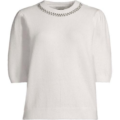 Kurzarm-Pullover Wool Touch mit Strassverzierung, Damen,  Weiß, Wolle/Polyester/Viskose, by Lands' End
