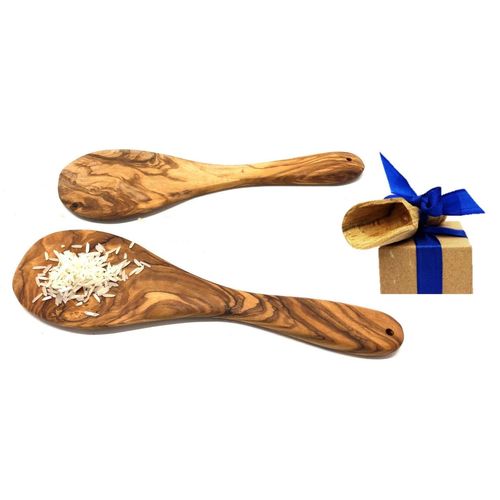 Reislöffel OLIVENHOLZ-ERLEBEN "Reislöffel aus Olivenholz", braun, L: 20cm, Edelstahl, Massivholz, Kochlöffel, Reislöffel zum Portionieren, Servieren und Mischen von Reis