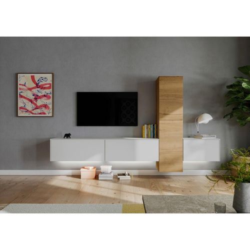 Celina Home Wohnwand , Weiß, Eiche , Holzwerkstoff , 6,4 Fächer , 282x160x37 cm , Goldenes M , erweiterbar, Typenauswahl, individuell planbar,