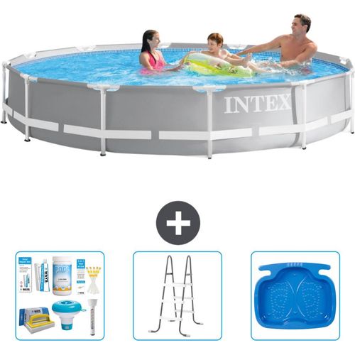 Intex Pool mit rundem Prismenrahmen – 366 x 76 cm – Grau – im Lieferumfang enthalten Wartungspaket - Leiter - Fußbad