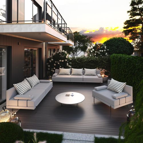 Gartenmöbel set Bahama Streifen Grau 6 Personen Gartenlounge 3-teilig. Terassenmöbel mit Eisenrahmen Wasserabweisend, 3-sitzer + 2-sitzer sofa, Sessel