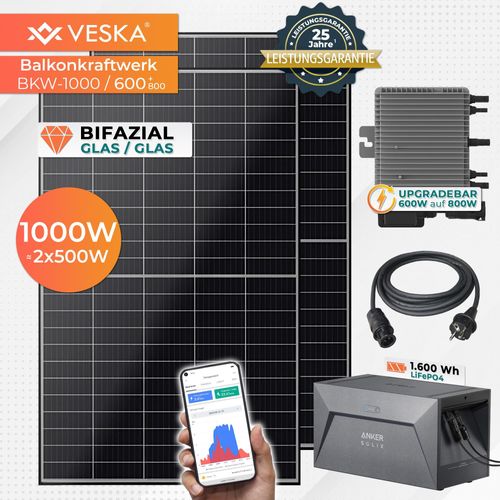 Balkonkraftwerk 1000 W Bifazial mit Speicher Anker Solaranlage Steckerfertig WIFI Mini-PV Photovoltaik Anlage 800 Watt genehmigungsfrei, Schwarz