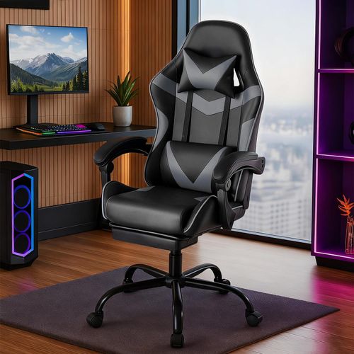 Gaming Stuhl, Chair Gamer Sessel - Ergonomischer Gamer Stuhl mit Fußstütze Kopfstütze und Lordosenstütz Höhenverstellbar Gepolstert Gamingstuhl 150 Kg