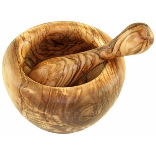 Mörser OLIVENHOLZ-ERLEBEN "rund inkl. Stößel, Olivenholz", braun (holzfarben), H:7cm Ø:12cm, Massivholz, Mörser, Mörser, Funktionaler Mörser aus Olivenholz, gerundeter Rand oben