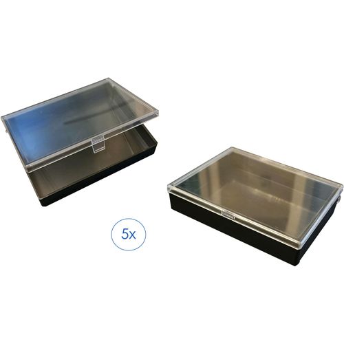 Aufbewahrungsdose RUCO "Sortierdose, 5er Set", schwarz, transparent, B:12cm H:2,5cm T:9,5cm, Kunststoff, Aufbewahrungsboxen, Schmuckdose, Kleinteilebox, bündiger Verschluss, Made in Germany