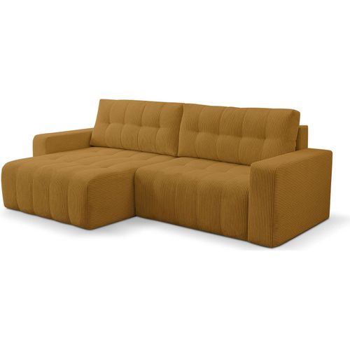 BETTSO Ecksofa MASINA in Honigcord mit Schlaffunktion und Bettzeugcontainer