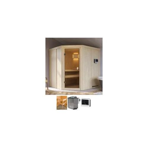 Sauna KARIBU "Bodo", beige (natur), Bio-Ofen, externe Steuerung, 9 kW, Saunen, Ofen 9 kW Bio externe Strg easy