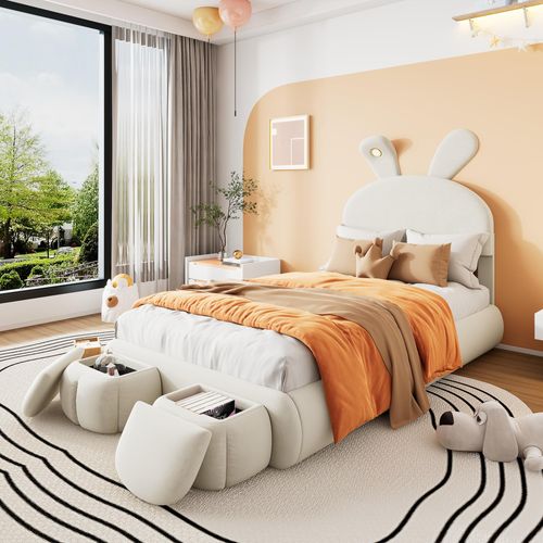 MODFU Kinderbett Polsterbett 90×200 mit warmfarbene LED, Jugendbett Einzelbett mit Kopfteil in Hasenohrenform und zwei Aufbewahrungshockern.Beige