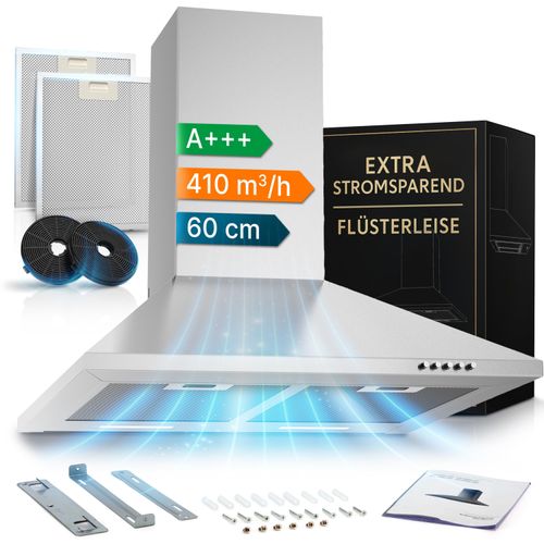 LEVIVO A+++ Dunstabzugshaube 60cm Umluft & Abluft mit 410 m³/h, Abzugshaube mit 2 Aktivkohlefiltern, 2 Fettfiltern, Wandhaube mit 3 Stufen