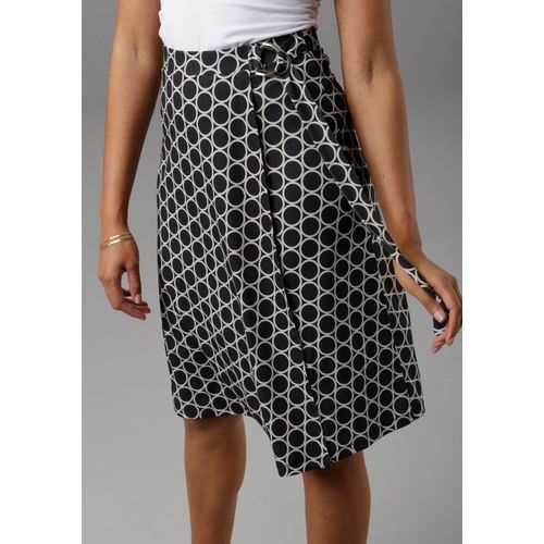 Wickelrock ANISTON SELECTED, Damen, Gr. 48, blau (marine, grau), Jersey, Obermaterial: 95% Polyester, 5% Elasthan, bedruckt, gemustert, figurumspielend knielang, Röcke, mit modischer Schnalle