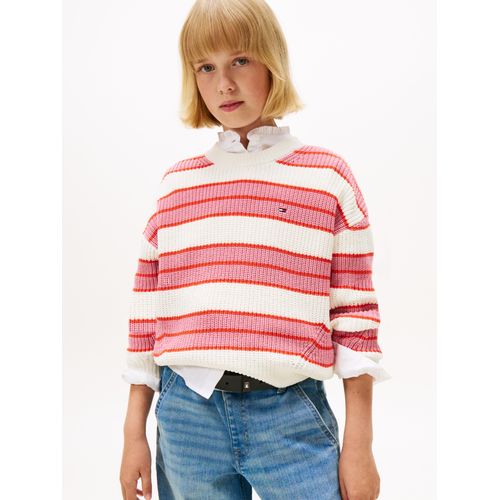 Strickpullover TOMMY HILFIGER "STRIPE CHENILLE SWEATER", Jungen, Gr. 16 (176), mystic pink stripes, Strick, Obermaterial: 100% Polyester, gemustert, gestreift, mehrfarbig, regular fit normal, eingesetzt Bündchen, Pullover Strickpullover, Kinder bis 16 Jahre