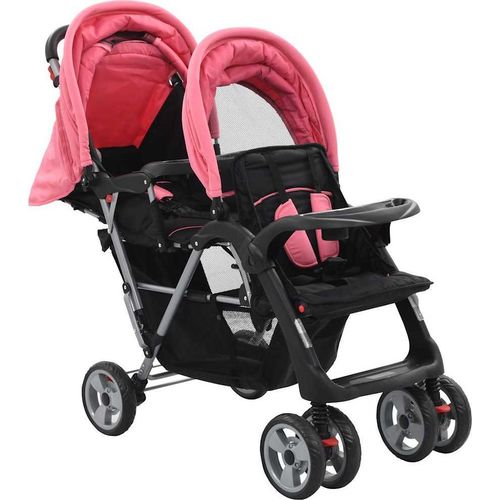 vidaXL Tandem-Kinderwagen Stahl Rosa und Schwarz