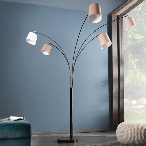 Design Bogenlampe LEVELS 200cm weiß beige braun 5 Leinen Schirmen Stehlampe Stehleuchte Retro Design