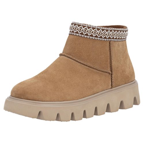 Winterboots RIEKER SPORT, Damen, Gr. 38, hellbraun, Veloursleder, ethno, Schuhe, Plateauboots, Stiefelette mit Textileinfass im Ethno-Look