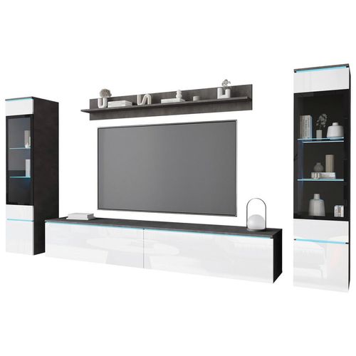 P & B Wohnwand Vera , Anthrazit, Weiß Hochglanz , Glas, Holzwerkstoff , 4-teilig , 6 Fächer , kaltweiß , 240x130x33 cm , Fsc, Made in EU , stehend,