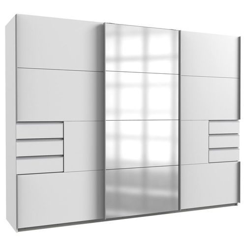 Mid.you Schiebetürenschrank Wimex Saigon, Klar, Weiß, Alu, Metall, 6 Fächer, 6 Schublade(n) Schubladen, 270x210x64 cm, BQ - Bündnis für Qualität, Made in Germany, DIN EN ISO 9001, Schrankfront mit Spiegel, Schlafzimmer, Kleiderschränke, Schwebetürenschränke