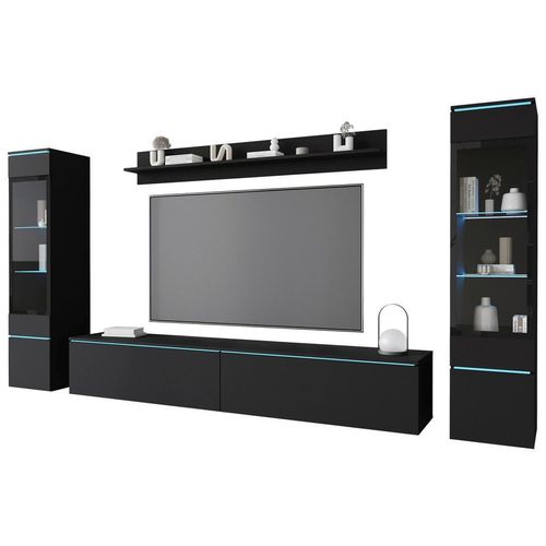 P & B Wohnwand Vera , Graphit , Glas, Holzwerkstoff , 4-teilig , 6 Fächer , kaltweiß , 240x130x33 cm , Fsc, Made in EU , stehend, hängend,