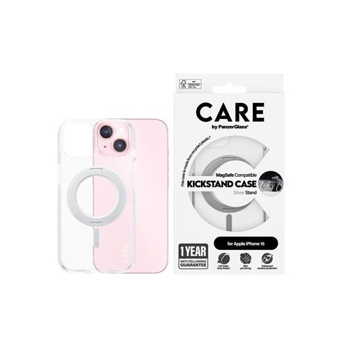 CARE by PanzerGlass Feature Case Transparent w. Silver Kickstand & MagSafe iPhone 15