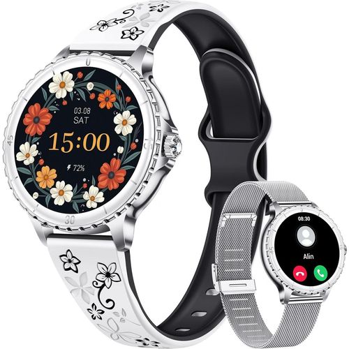 Damen mit Telefonfunktion Fitnessuhr: 110+ Sportmodi Smart Watch Fitness Tracker Schrittzähler - Silber Wasserdicht Sportuhr Kompatibel Android iOS
