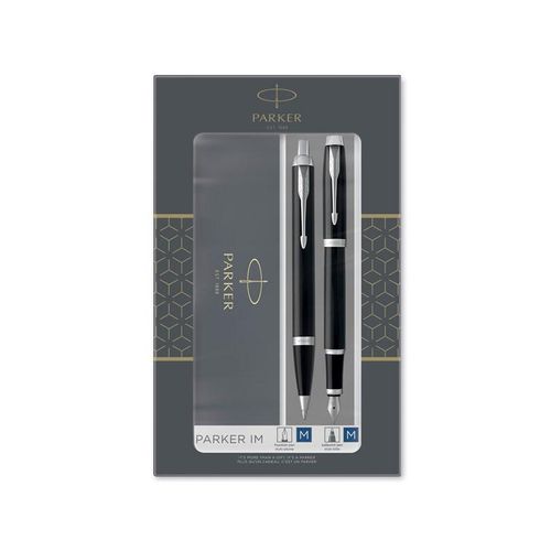 Parker IM Duo-Geschenkset mit Kugelschreiber und Füller | Hochglänzend Schwarz mit Chromzierteilen | Nachfüllmine und -patrone mit blauer Tinte | Geschenkbox