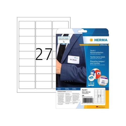 HERMA Namensetiketten, ablösbar, A4, 63,5 x 29,6 mm, weiß, aus Acetatseide, bedruckbar