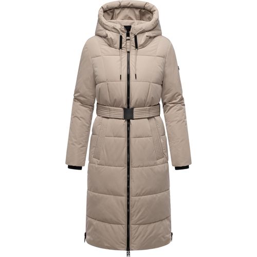 Navahoo Damen Wintermantel langer Steppmantel Jacke Parka mit Kapuze & Gürtel Herbstnebel Light Taupe Gr. 38 - M