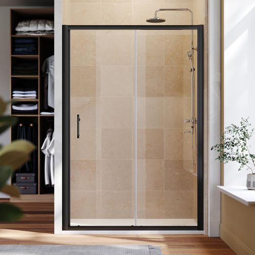 SONNI 120 x 185 cm Duschkabine in Mattschwarz, Schiebetür,obere und untere Schiene, 5 mm Glas, Türrahmen mit -20 mm Verstellposition