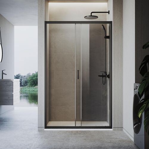 SONNI 110 x 185 cm Duschkabine in Mattschwarz, Schiebetür,obere und untere Schiene, 5 mm graues Glas, Türrahmen mit -20 mm Verstellposition