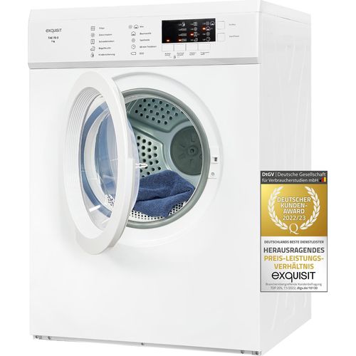 Exquisit Ablufttrockner 7 kg, Energieklasse G, kompakt, 8 Programme, Startzeitvorwahl, Kindersicherung, Flusenfilter, TAE 70-3 weiß
