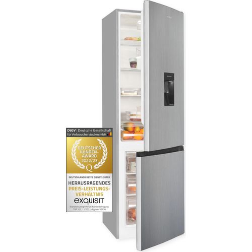 Exquisit Kühl-Gefrierkombination KGC265-70-WS-040D inoxlook | 260 L Volumen | Kühlgefrierkombination freistehend mit Wasserspender | Alarm | 4 Sterne gefrieren