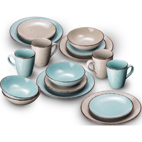 Kombiservice ARTE VIVA "Geschirr-Set, Service Puro", blau (türkis, beige), 32, Steinzeug, Geschirr-Sets, Kombiservice, vom Sternekoch Thomas Wohlfarter empfohlen, 32 Teile, für 8 Personen