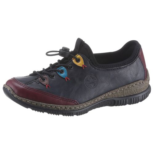Slipper RIEKER, Damen, Gr. 41, bunt (navy, multi), Lederimitat, Textil, kontrastfarbene Details, Schuhe, mit sportlichem Schnellverschluß