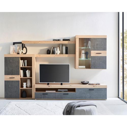 Carryhome Wohnwand , Eiche Artisan , Kunststoff , 10 Fächer , 2 Schubladen , 300x200.9x41 cm , Wohnzimmer, Wohnwände, Anbauwände