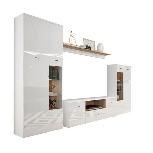 Mid.you Wohnwand , Weiß, Eiche , Kunststoff , 12 Fächer , 1 Schubladen , 340x196x40 cm , Made in EU , Wohnzimmer, Wohnwände, Anbauwände