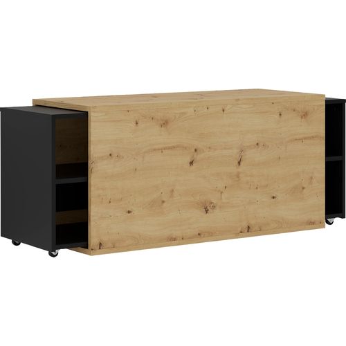 TV-Board FMD "Slide", schwarz (schwarz perl, artisan eiche), B:194,5cm H:49,2cm T:39,9cm, Sideboards, TV-Board, 1 oder 2 Auszüge, mit Rollen, ausziehbar auf ca. 129 bzw. 195 cm