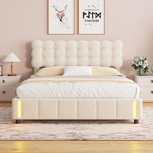 140 x 200 cm Bett mit Stauraum, beiger Samtpolsterung, LED-Lichtbasis, Lattenrost
